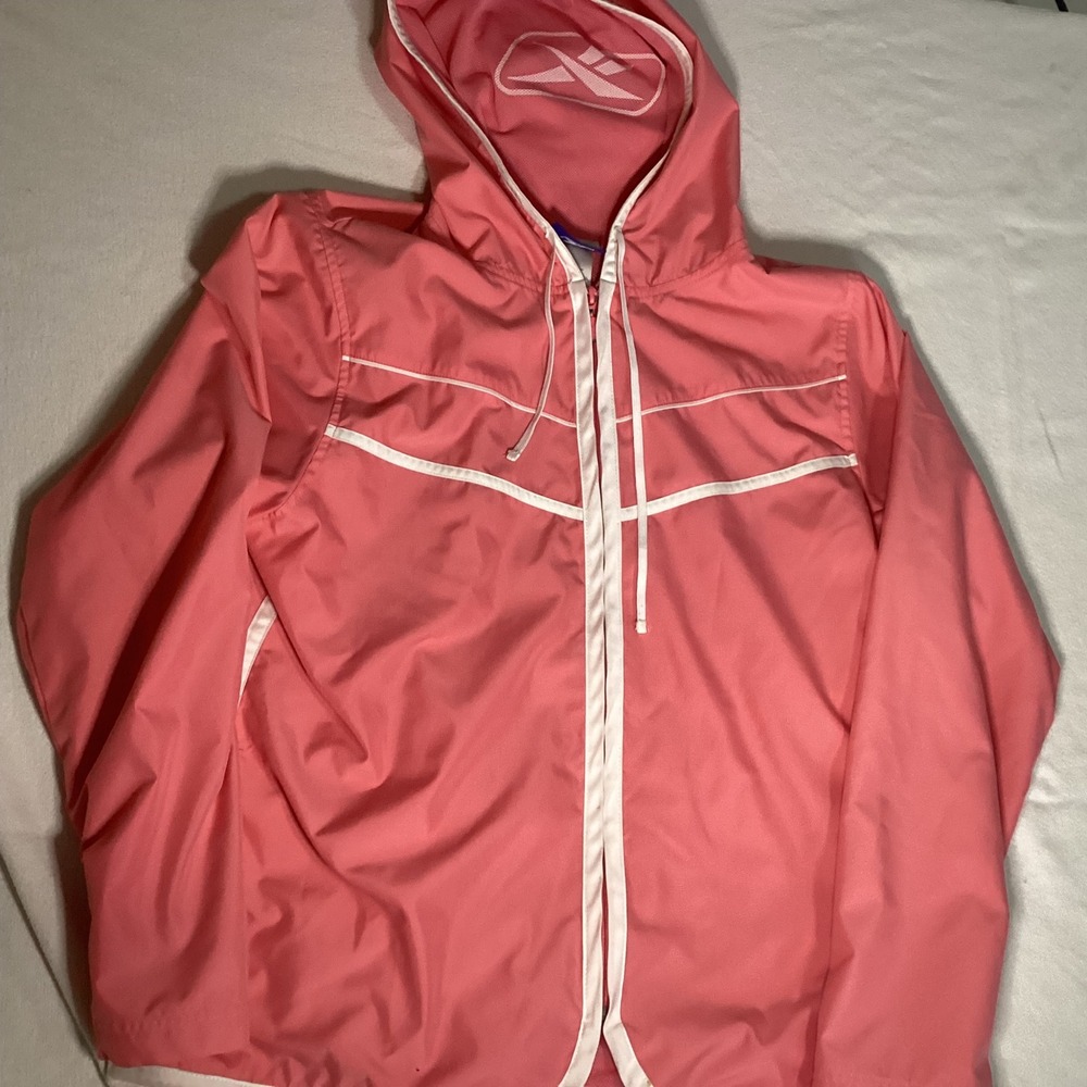 Y2K Reebok Womens Pink Hooded Windbreaker Jacket  Zip White Piping Size Large